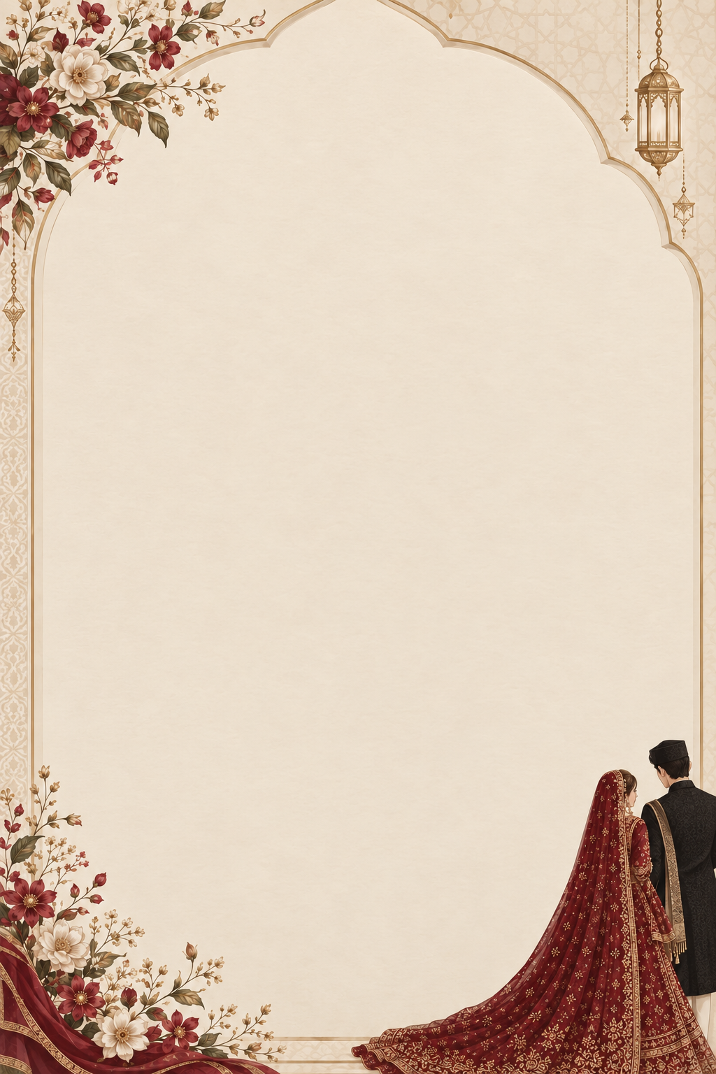Cream and gold arch with burgundy flowers, lanterns and a wedding couple