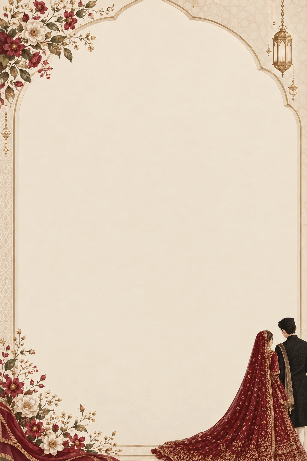 Cream and gold arch with burgundy flowers, lanterns and a wedding couple